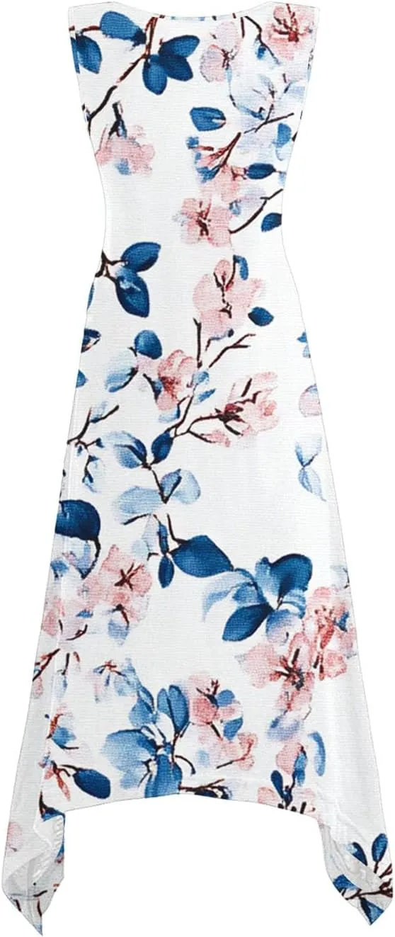Women's Casual Summer Dress Floral Print Sleeveless Beach Sundress Hankerchief Hem Midi Tank Dresses with Pockets
