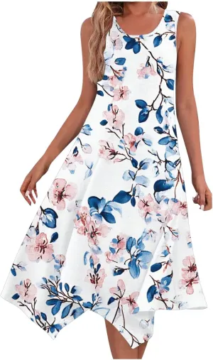 Women's Casual Summer Dress Floral Print Sleeveless Beach Sundress Hankerchief Hem Midi Tank Dresses with Pockets