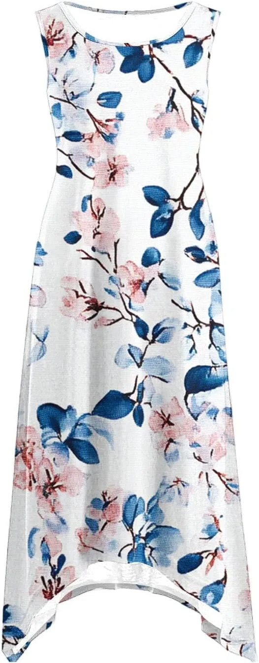 Women's Casual Summer Dress Floral Print Sleeveless Beach Sundress Hankerchief Hem Midi Tank Dresses with Pockets