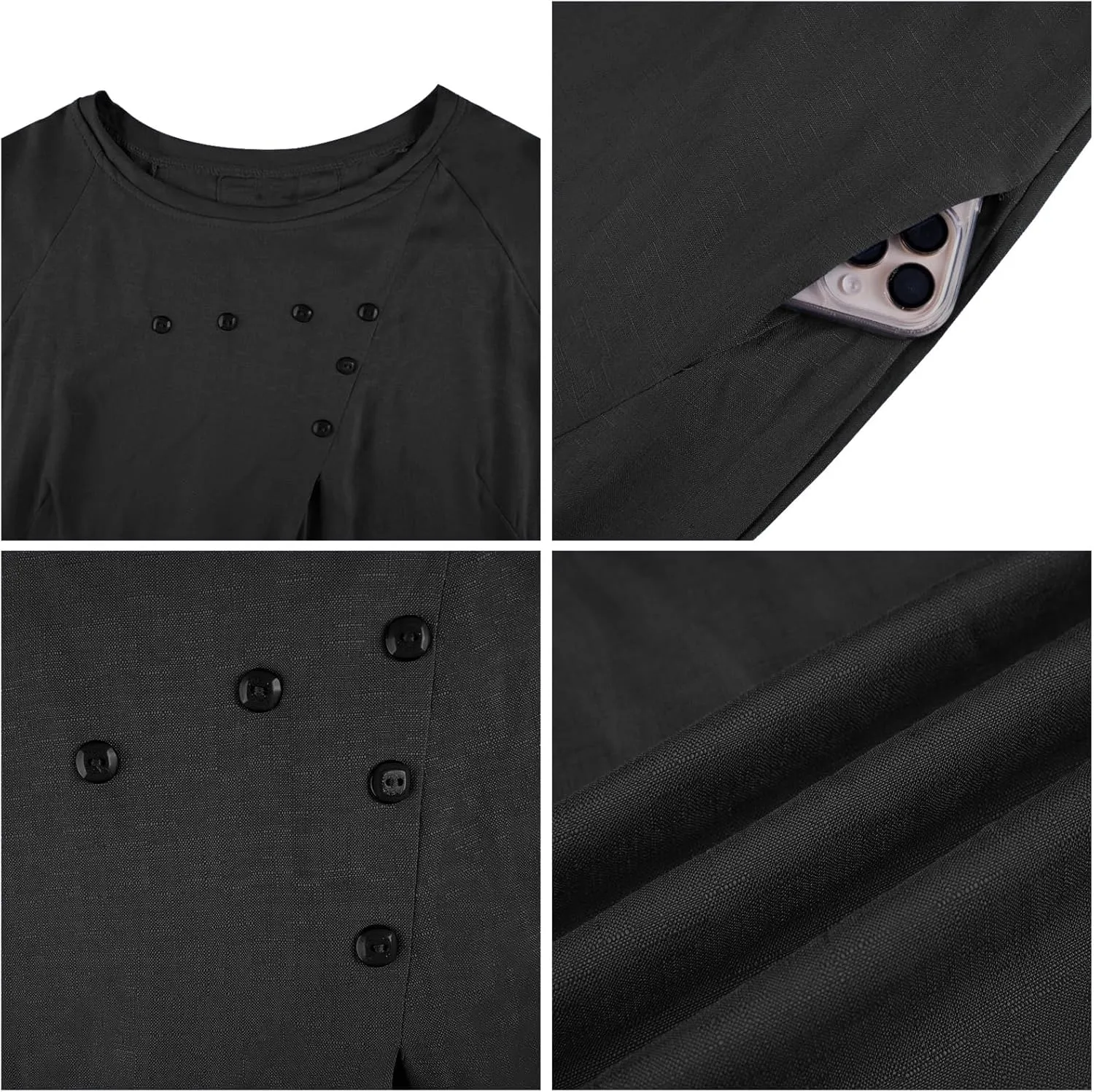 Women's Casual Summer Dresses Crewneck Solid Button Detail Short Sleeve Dress Elegant Loose Midi Dresses with Pockets
