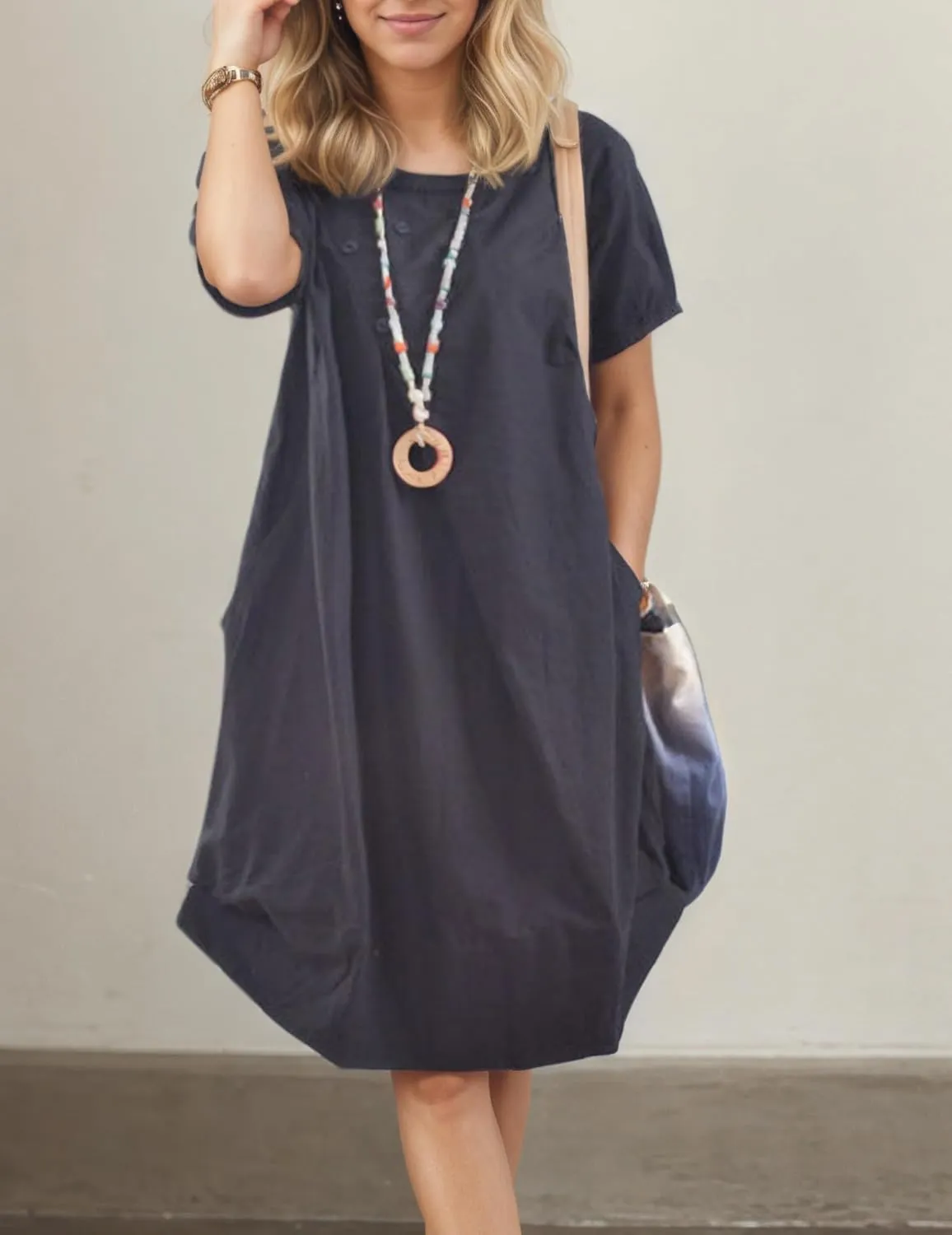 Women's Casual Summer Dresses Crewneck Solid Button Detail Short Sleeve Dress Elegant Loose Midi Dresses with Pockets