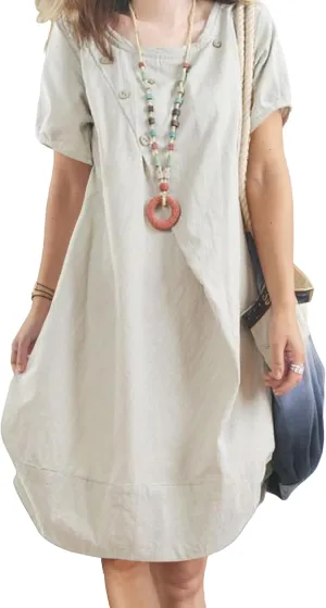 Women's Casual Summer Dresses Crewneck Solid Button Detail Short Sleeve Dress Elegant Loose Midi Dresses with Pockets