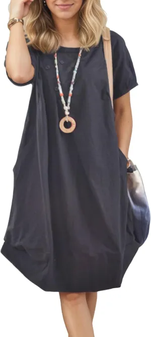 Women's Casual Summer Dresses Crewneck Solid Button Detail Short Sleeve Dress Elegant Loose Midi Dresses with Pockets