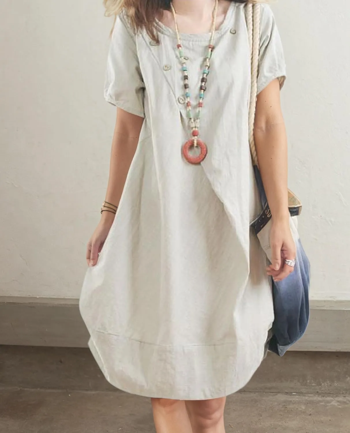 Women's Casual Summer Dresses Crewneck Solid Button Detail Short Sleeve Dress Elegant Loose Midi Dresses with Pockets