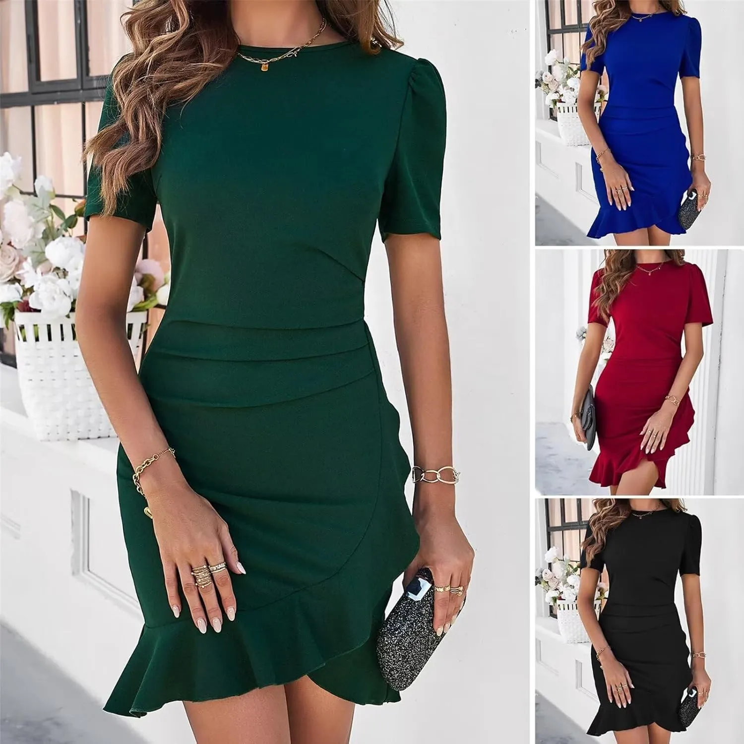Womens Casual Summer Dresses Short Sleeve O Neck Mini Ruffle Dresses Elegant Wedding Guest Dresses Corset Work Dress
