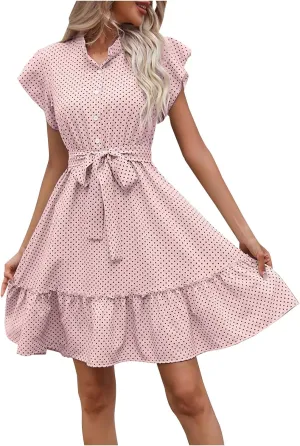 Womens Casual Waist Lace-up Summer Dresses Flowy Ruffle Short Sleeve Pleated Mini Dress Comfy Beach Boho Sundress