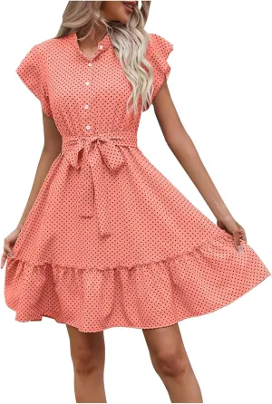 Womens Casual Waist Lace-up Summer Dresses Flowy Ruffle Short Sleeve Pleated Mini Dress Comfy Beach Boho Sundress