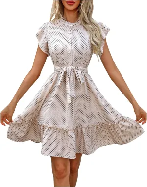Womens Casual Waist Lace-up Summer Dresses Flowy Ruffle Short Sleeve Pleated Mini Dress Comfy Beach Boho Sundress