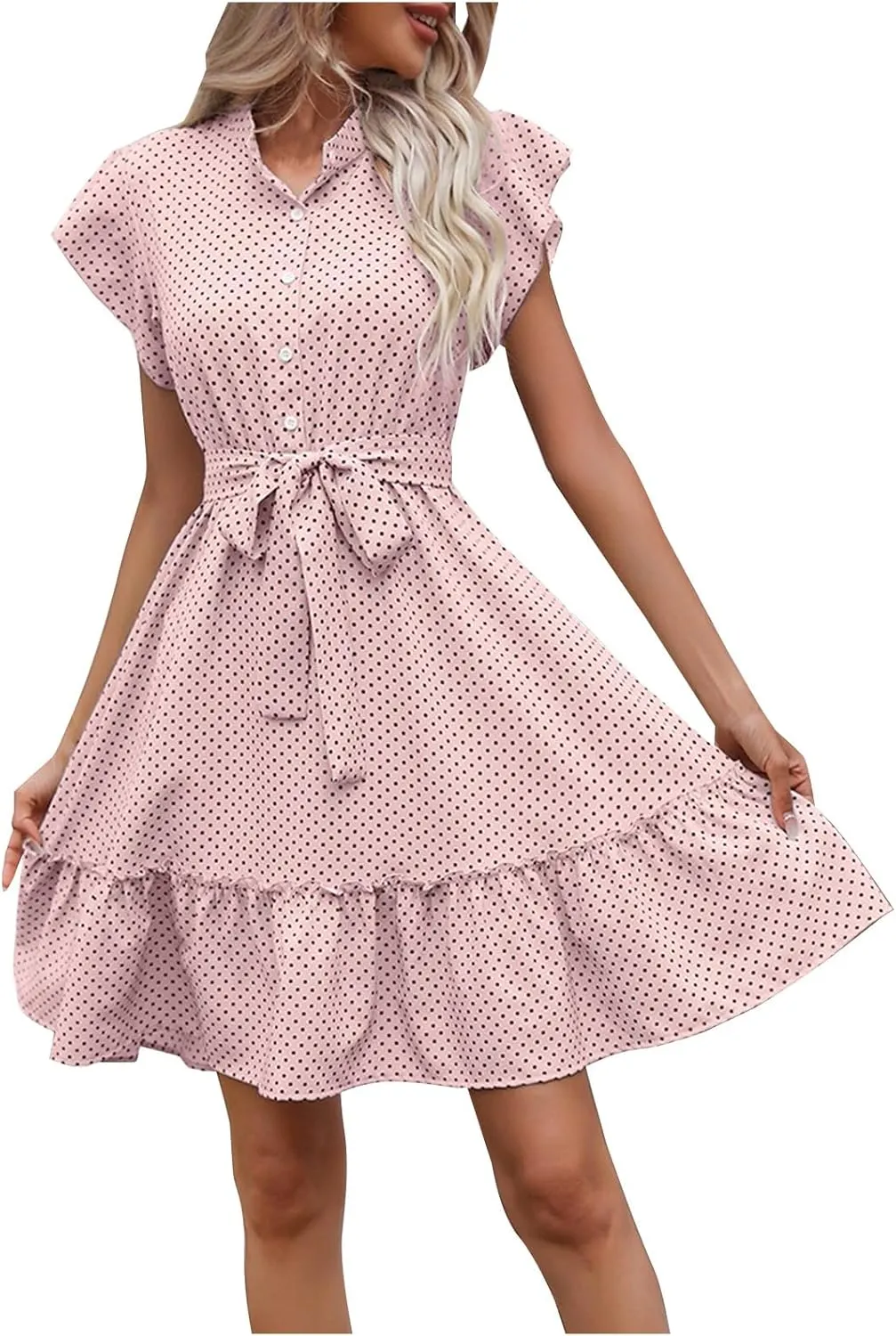 Womens Casual Waist Lace-up Summer Dresses Flowy Ruffle Short Sleeve Pleated Mini Dress Comfy Beach Boho Sundress