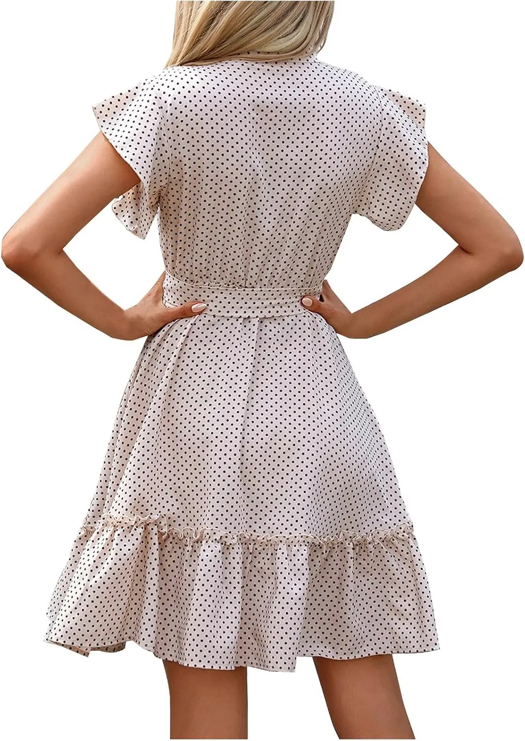 Womens Casual Waist Lace-up Summer Dresses Flowy Ruffle Short Sleeve Pleated Mini Dress Comfy Beach Boho Sundress