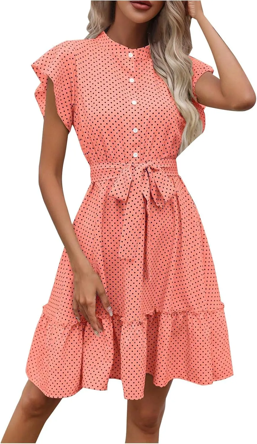 Womens Casual Waist Lace-up Summer Dresses Flowy Ruffle Short Sleeve Pleated Mini Dress Comfy Beach Boho Sundress