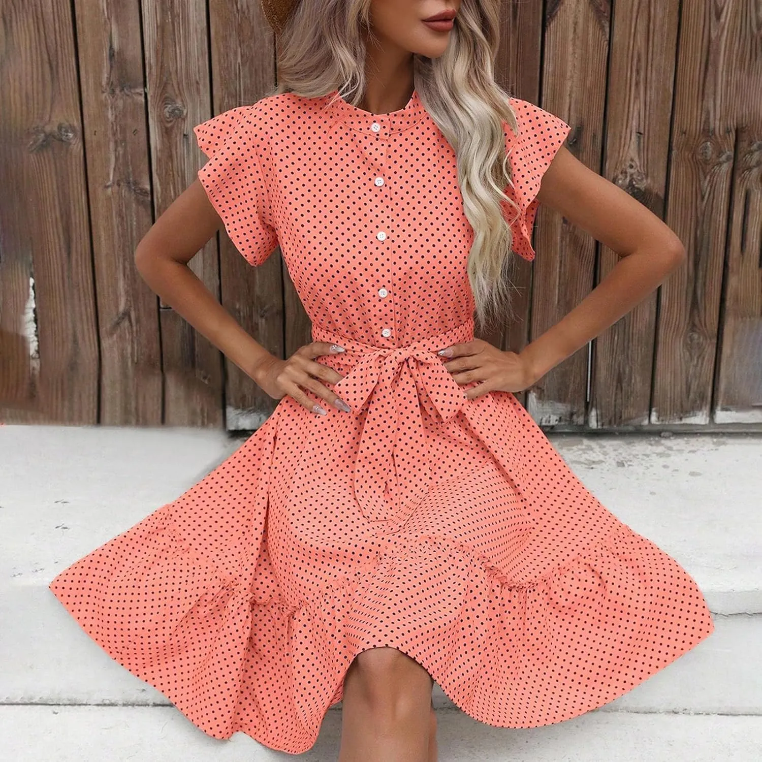 Womens Casual Waist Lace-up Summer Dresses Flowy Ruffle Short Sleeve Pleated Mini Dress Comfy Beach Boho Sundress