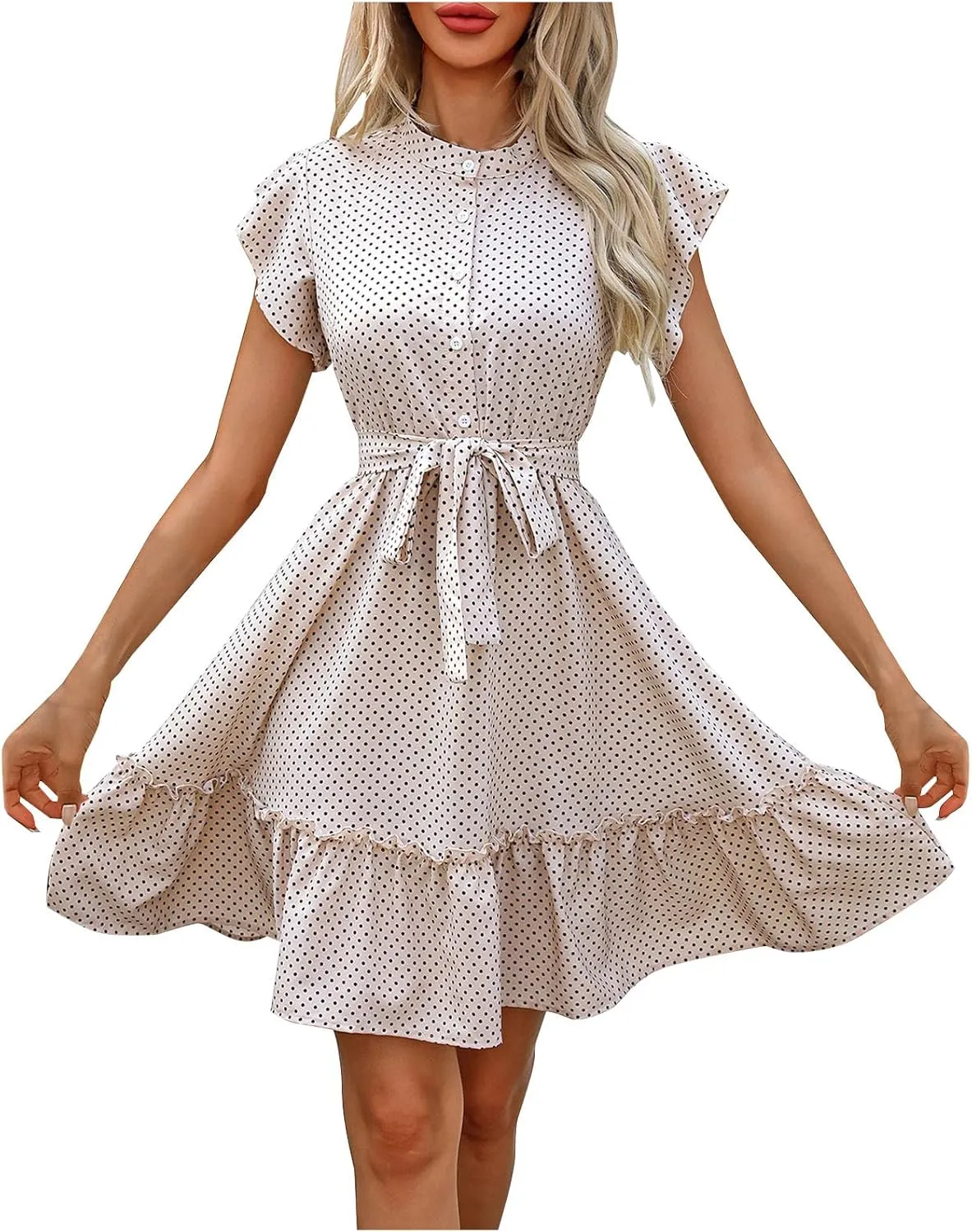 Womens Casual Waist Lace-up Summer Dresses Flowy Ruffle Short Sleeve Pleated Mini Dress Comfy Beach Boho Sundress