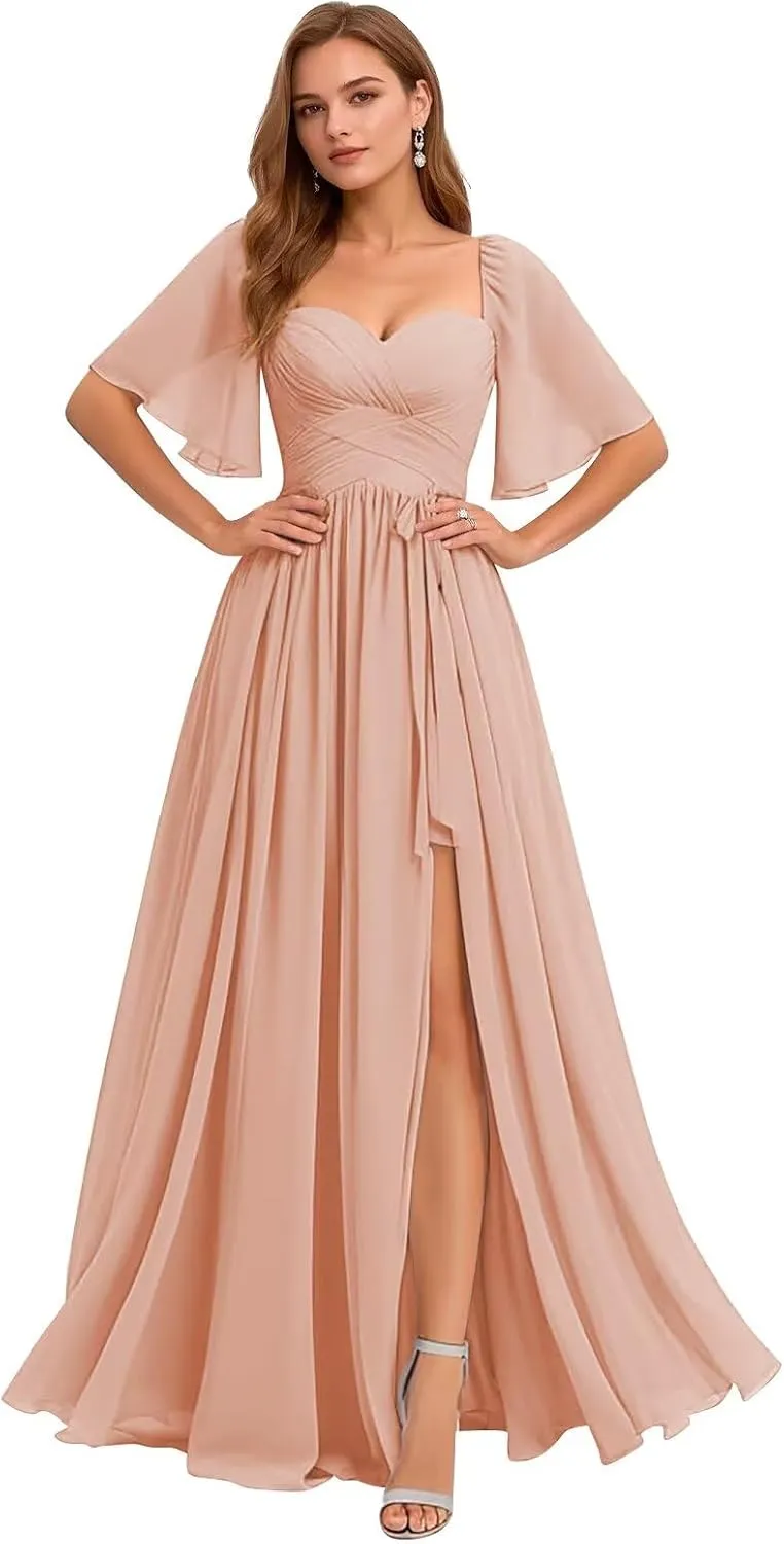 Women's Chiffon Bridesmaid Dresses V Neck Flutter Sleeve Pleated A Line Long Formal Evening Gowns with Slit 