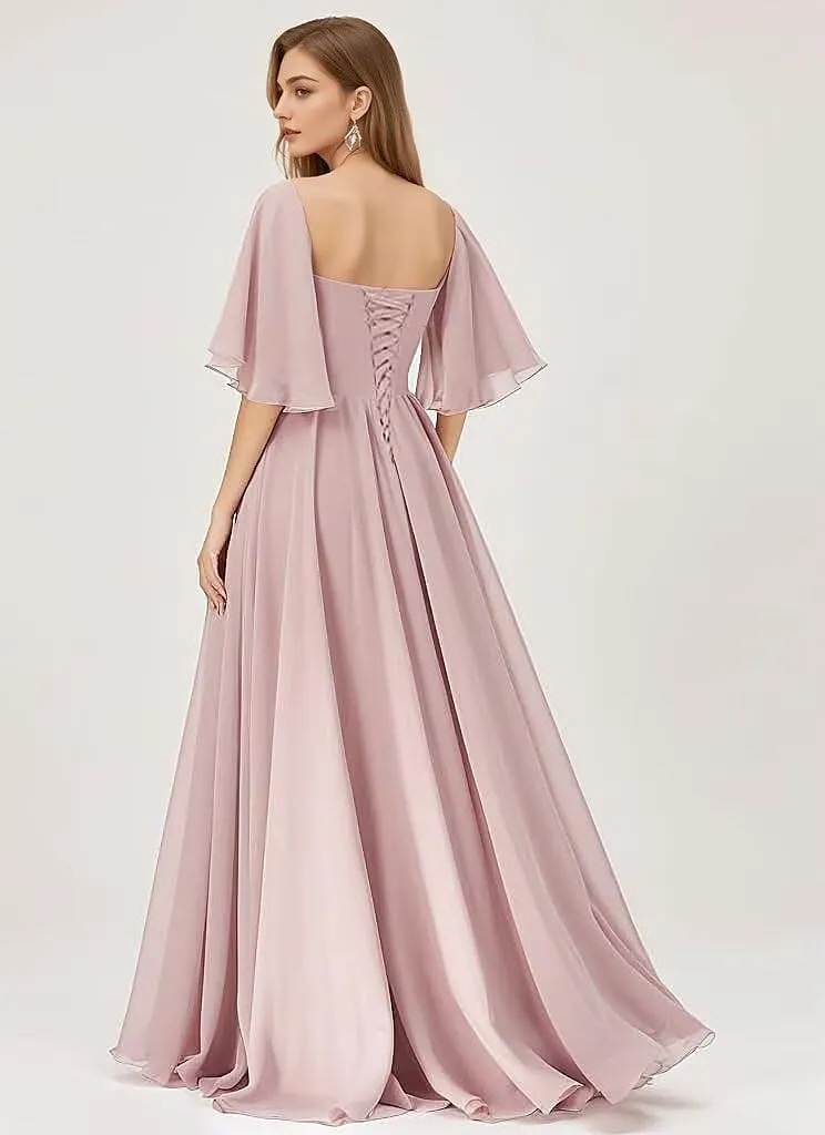 Women's Chiffon Bridesmaid Dresses V Neck Flutter Sleeve Pleated A Line Long Formal Evening Gowns with Slit 