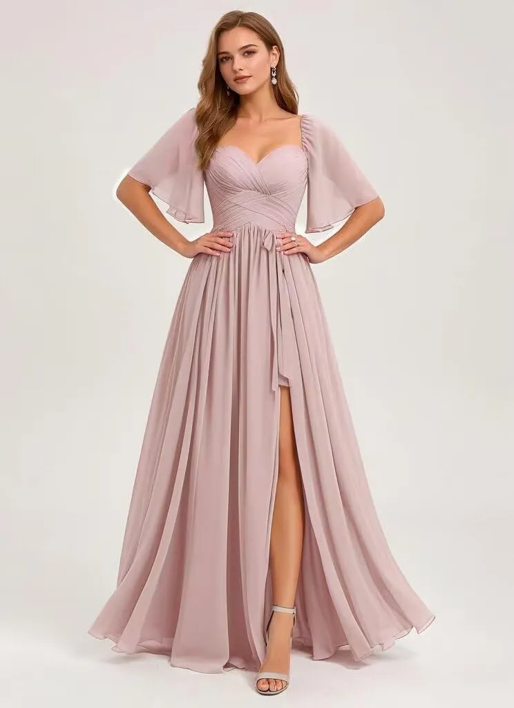 Women's Chiffon Bridesmaid Dresses V Neck Flutter Sleeve Pleated A Line Long Formal Evening Gowns with Slit 