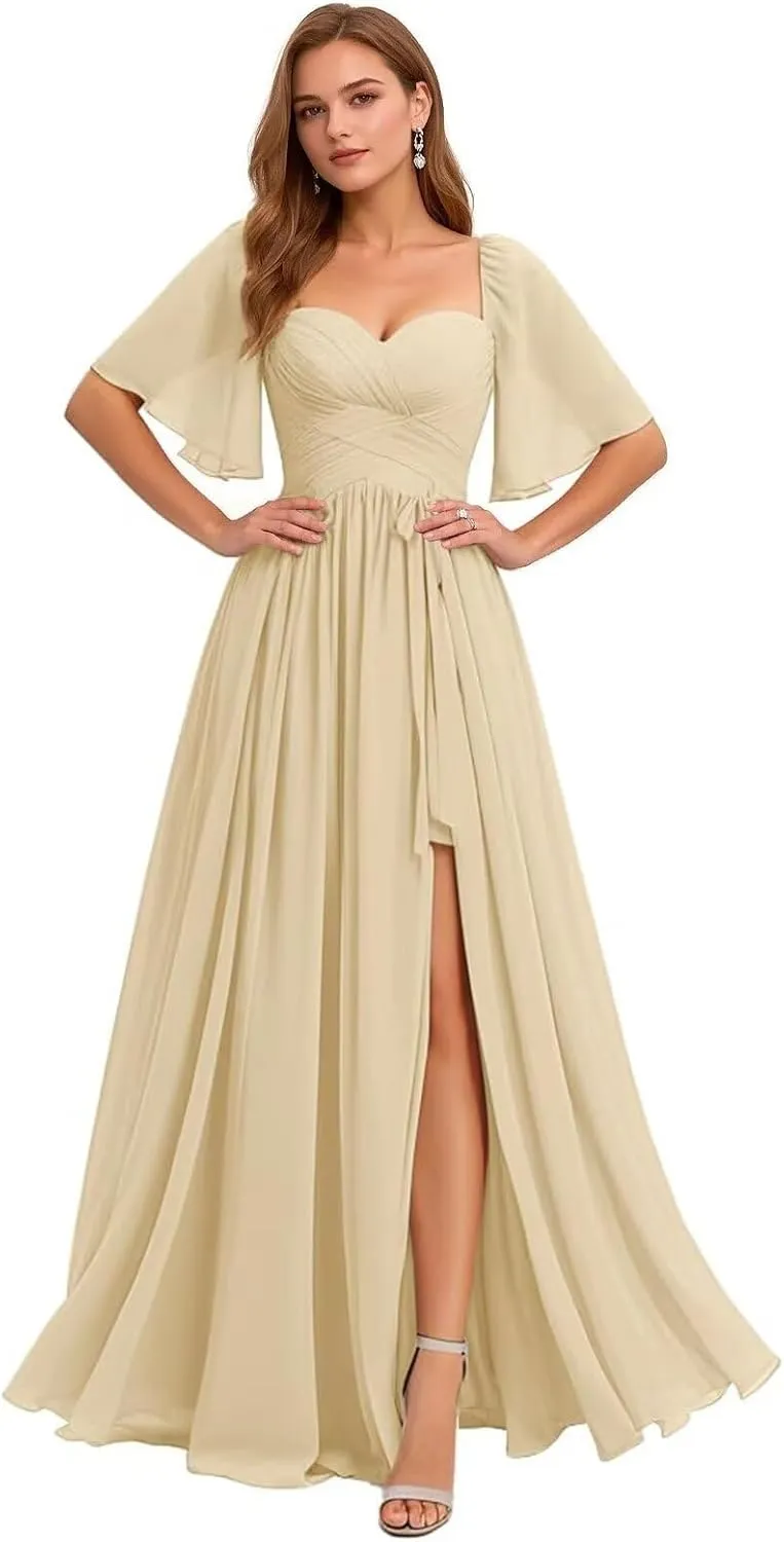 Women's Chiffon Bridesmaid Dresses V Neck Flutter Sleeve Pleated A Line Long Formal Evening Gowns with Slit 