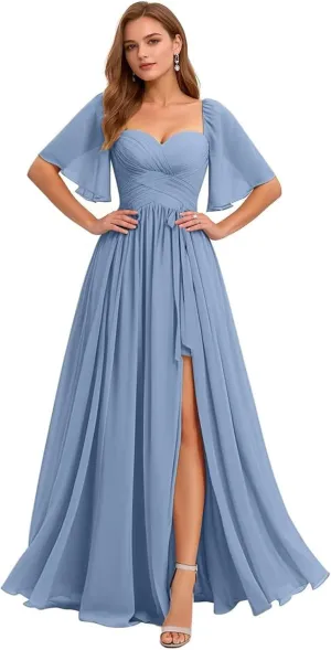 Women's Chiffon Bridesmaid Dresses V Neck Flutter Sleeve Pleated A Line Long Formal Evening Gowns with Slit 