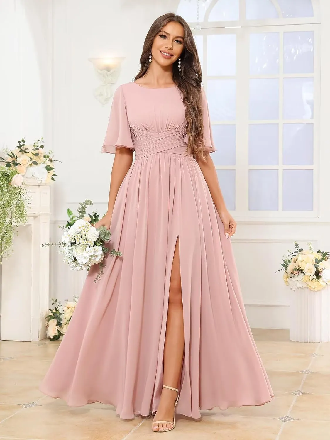 Women's Chiffon Bridesmaid Dresses with Slit Scoop Neck Flutter Sleeve Long Formal Wedding Guest Dress with Pockets