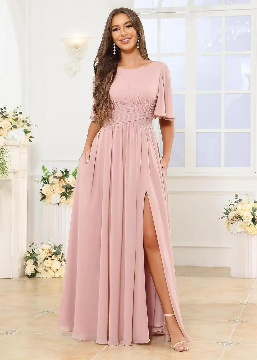 Women's Chiffon Bridesmaid Dresses with Slit Scoop Neck Flutter Sleeve Long Formal Wedding Guest Dress with Pockets