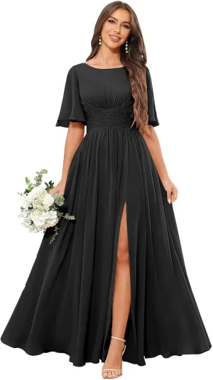 Women's Chiffon Bridesmaid Dresses with Slit Scoop Neck Flutter Sleeve Long Formal Wedding Guest Dress with Pockets