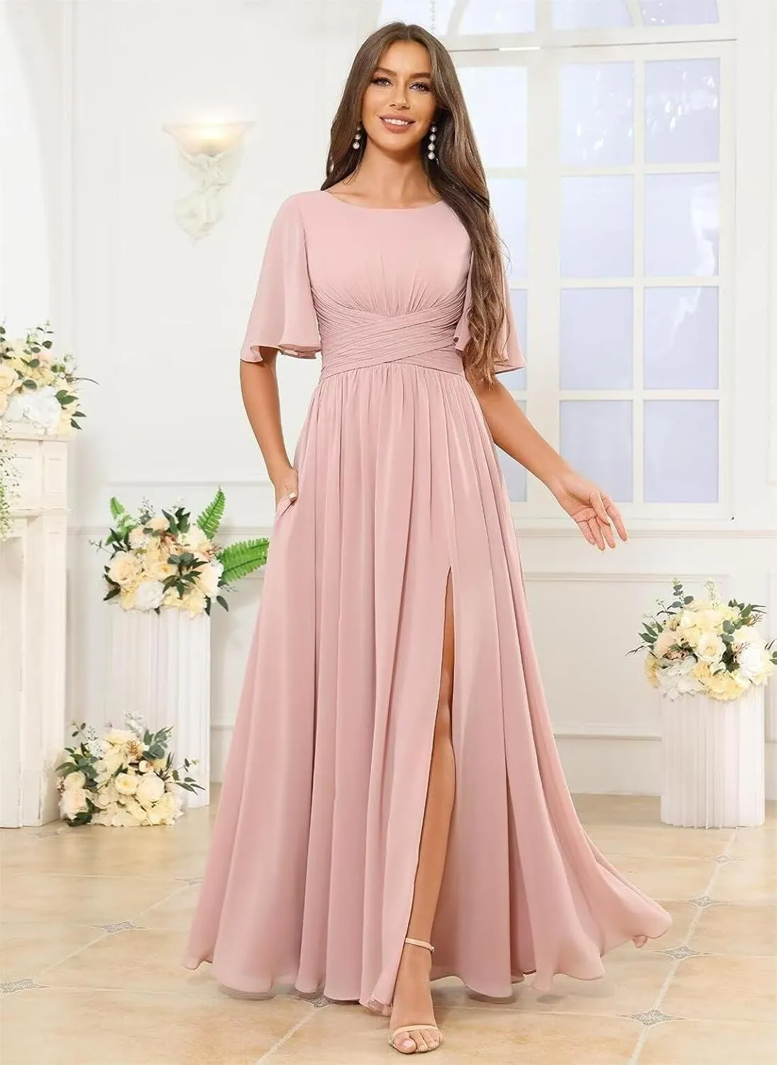 Women's Chiffon Bridesmaid Dresses with Slit Scoop Neck Flutter Sleeve Long Formal Wedding Guest Dress with Pockets