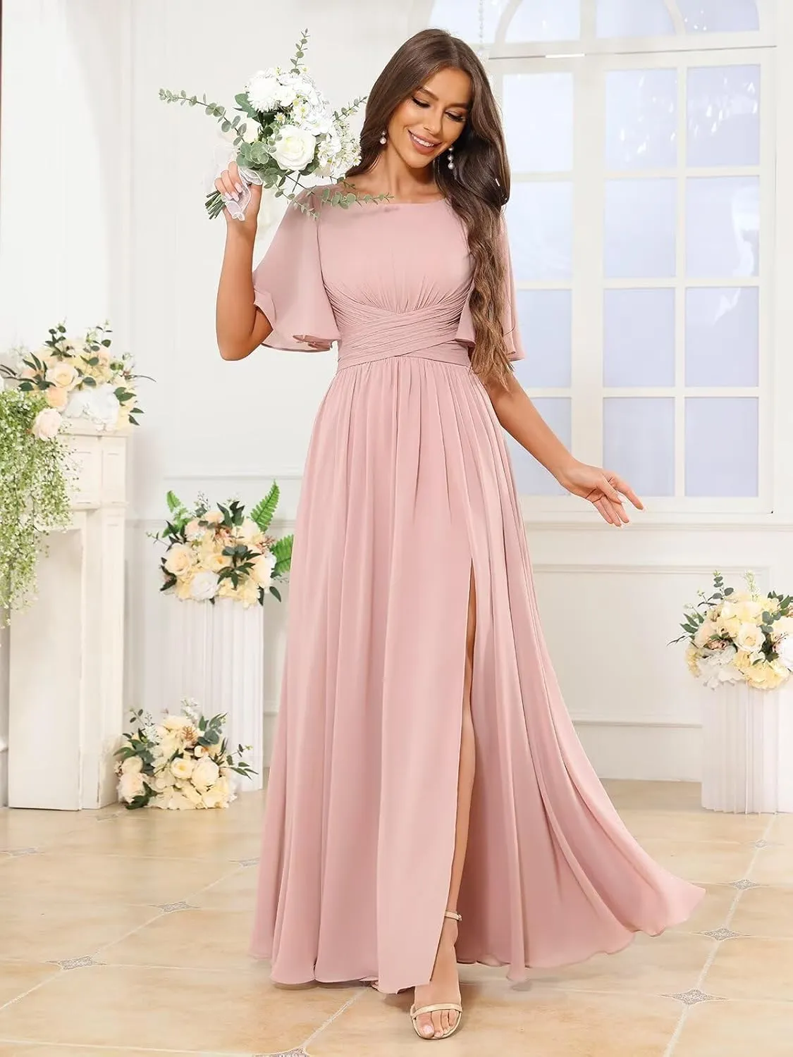 Women's Chiffon Bridesmaid Dresses with Slit Scoop Neck Flutter Sleeve Long Formal Wedding Guest Dress with Pockets