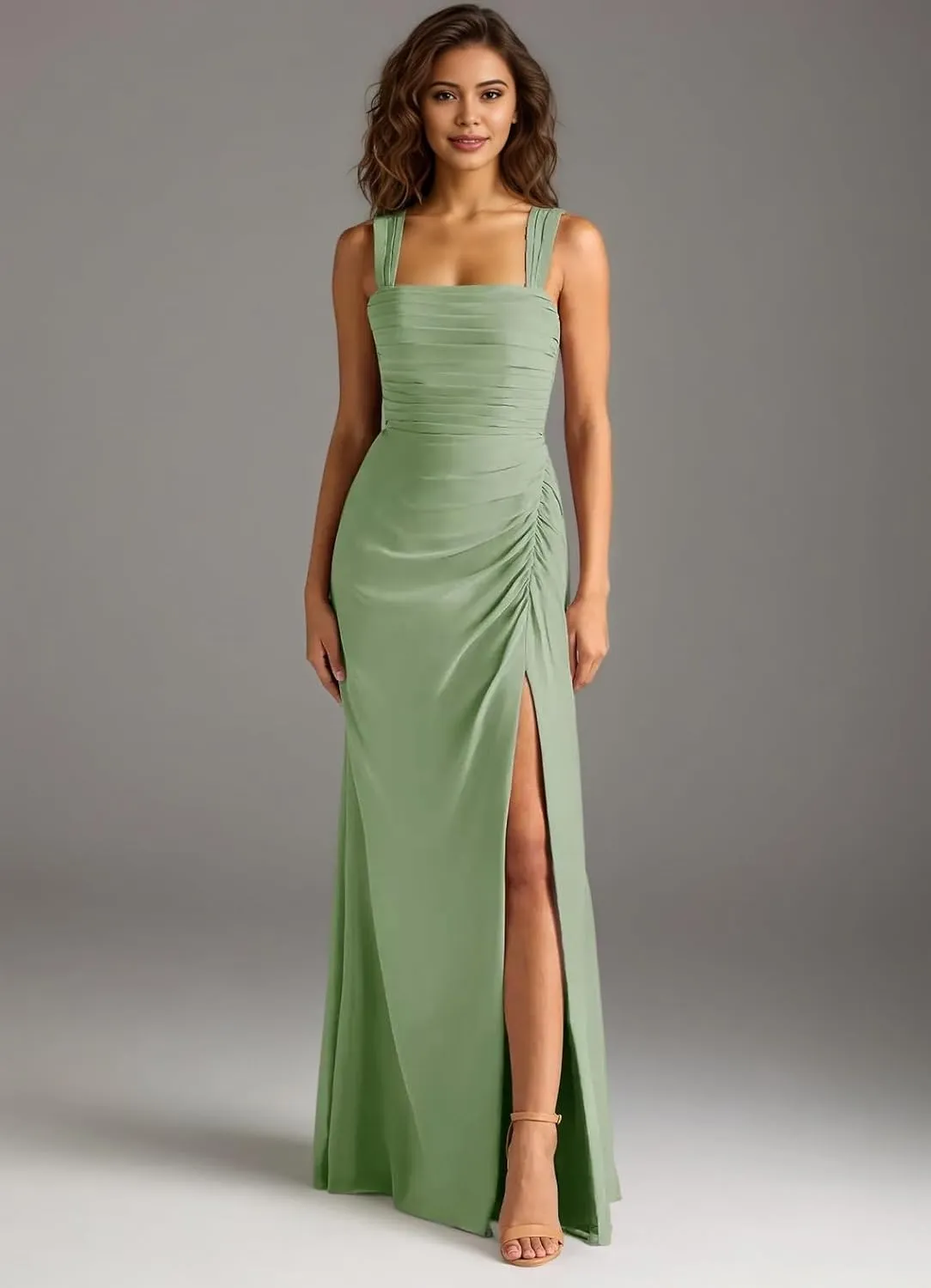 Women's Chiffon Mermaid Bridesmaid Dresses with Slit Square Neck Long Pleated Formal Evening Gowns