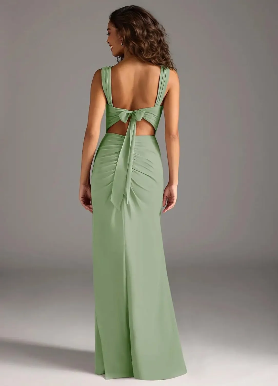Women's Chiffon Mermaid Bridesmaid Dresses with Slit Square Neck Long Pleated Formal Evening Gowns