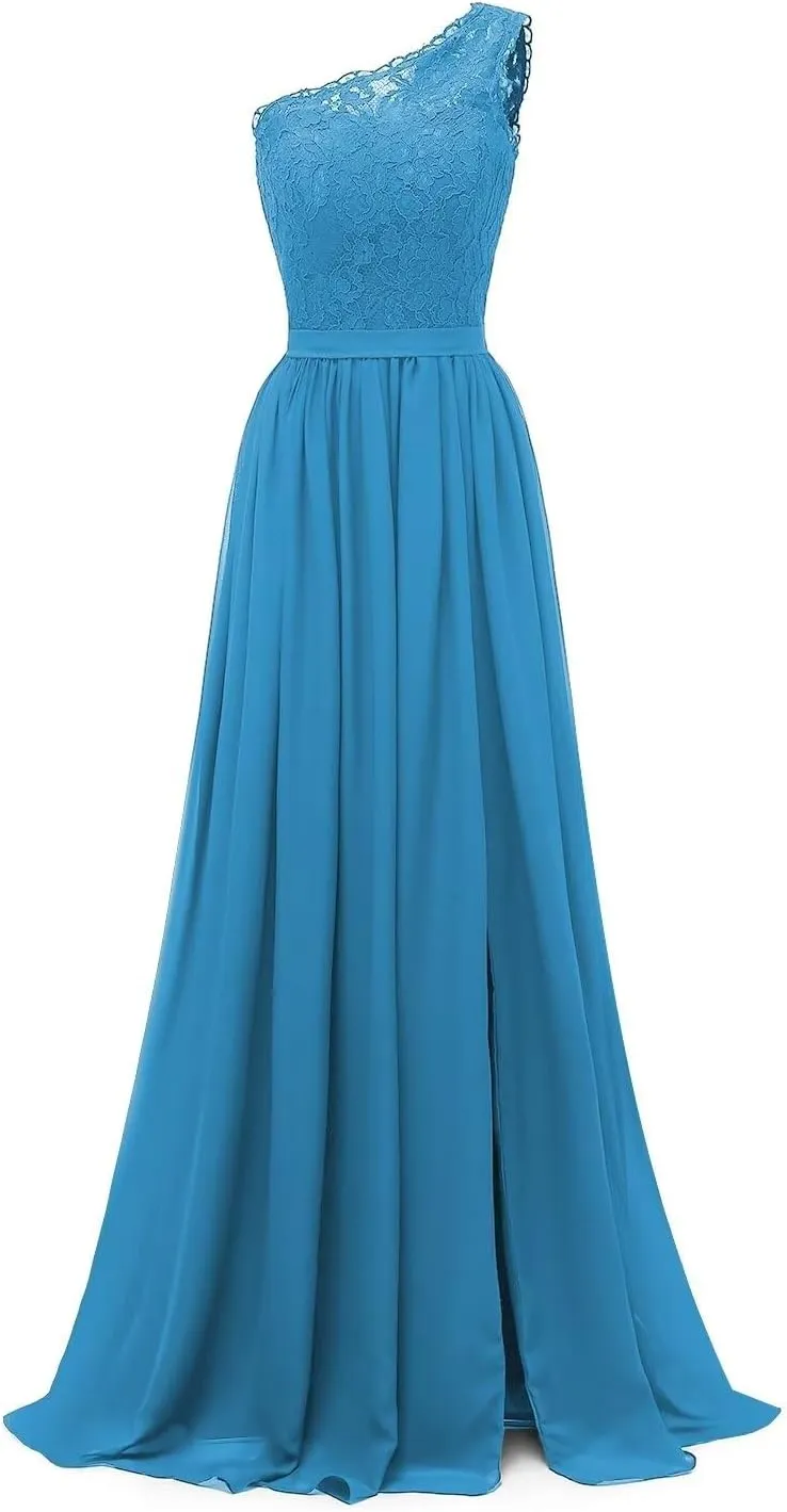 Women's Chiffon One Shoulder Bridesmaid Dresses for Wedding Long Lace Bodice Slit Formal Party Gown with Pockets