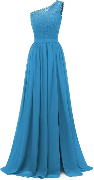 Women's Chiffon One Shoulder Bridesmaid Dresses for Wedding Long Lace Bodice Slit Formal Party Gown with Pockets
