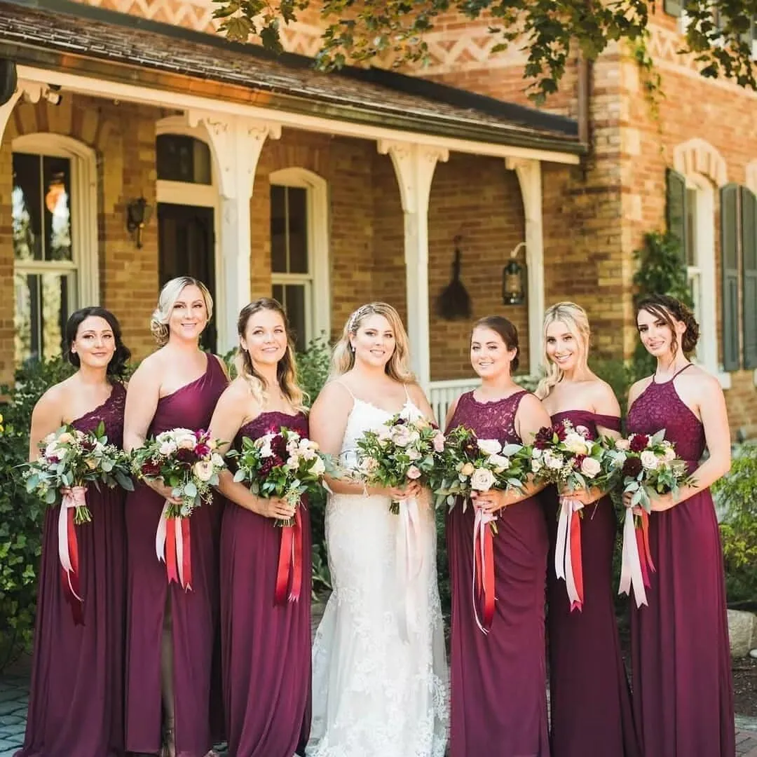 Women's Chiffon One Shoulder Bridesmaid Dresses for Wedding Long Lace Bodice Slit Formal Party Gown with Pockets