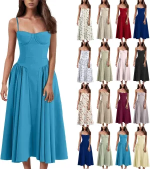Womens Corset Dress Elegant Spaghetti Strap Bustier Midi Dress Flowy Pleated Hem Low Cut Prom Dresses with Pockets
