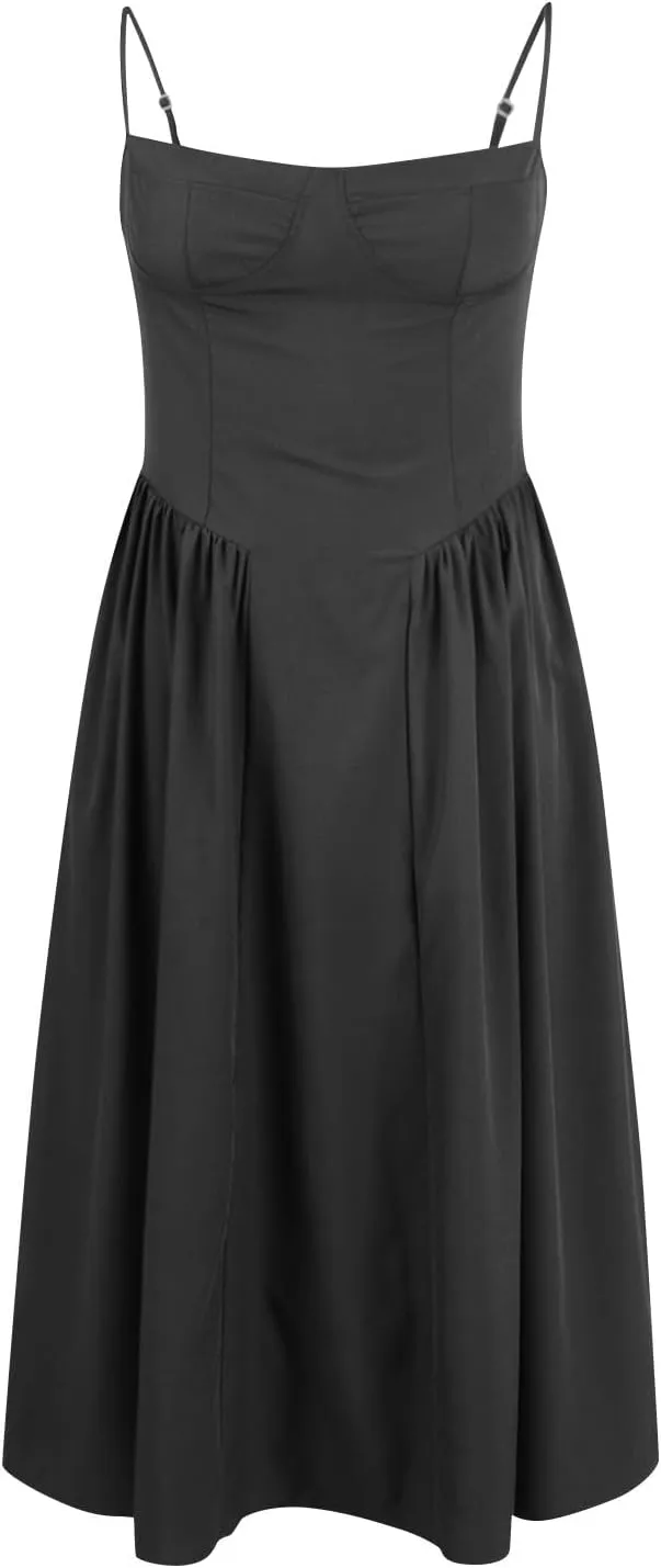 Womens Corset Dress Elegant Spaghetti Strap Bustier Midi Dress Flowy Pleated Hem Low Cut Prom Dresses with Pockets