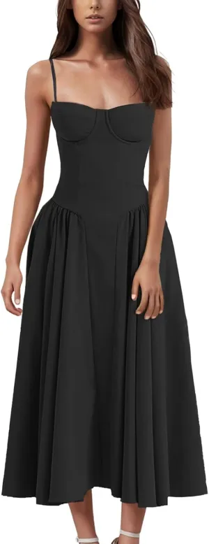 Womens Corset Dress Elegant Spaghetti Strap Bustier Midi Dress Flowy Pleated Hem Low Cut Prom Dresses with Pockets