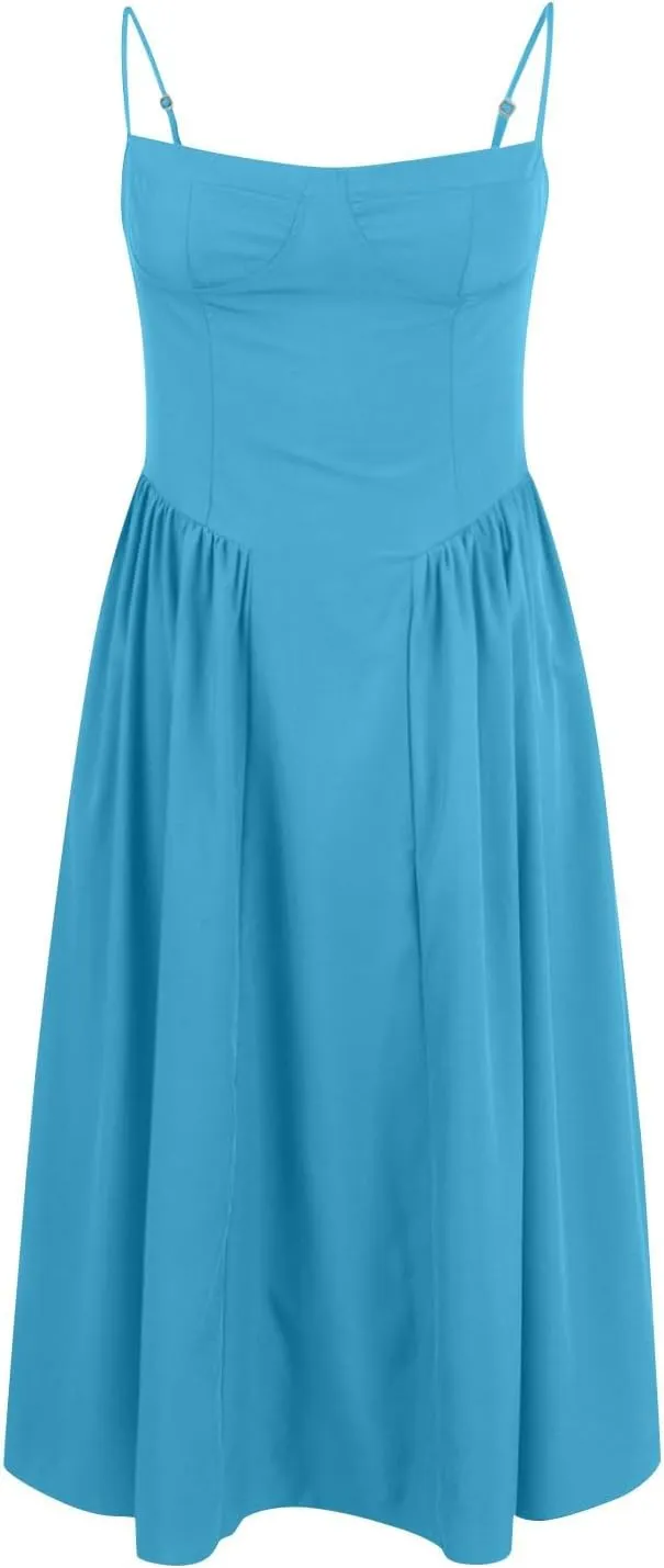 Womens Corset Dress Elegant Spaghetti Strap Bustier Midi Dress Flowy Pleated Hem Low Cut Prom Dresses with Pockets