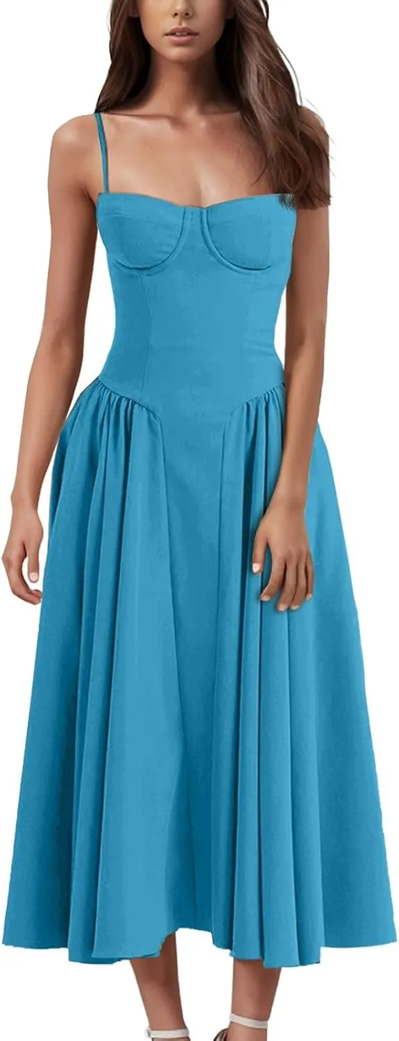 Womens Corset Dress Elegant Spaghetti Strap Bustier Midi Dress Flowy Pleated Hem Low Cut Prom Dresses with Pockets