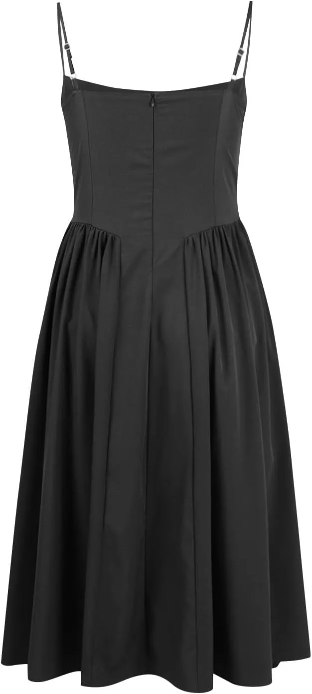 Womens Corset Dress Elegant Spaghetti Strap Bustier Midi Dress Flowy Pleated Hem Low Cut Prom Dresses with Pockets