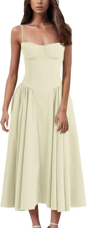 WomenS Corset Dress Spaghetti Strap Bustier Midi Party Dress 2025 Vintage Flowy Pleated Hem Low Cut Prom Dresses