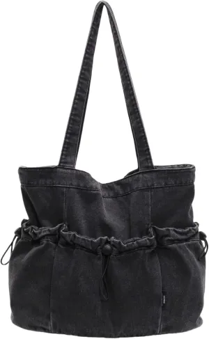 Women's Denim Shoulder Bag with Drawstring, Multi-Pockets Lightweight Hobo Purse for Daily Use Travel Shopping