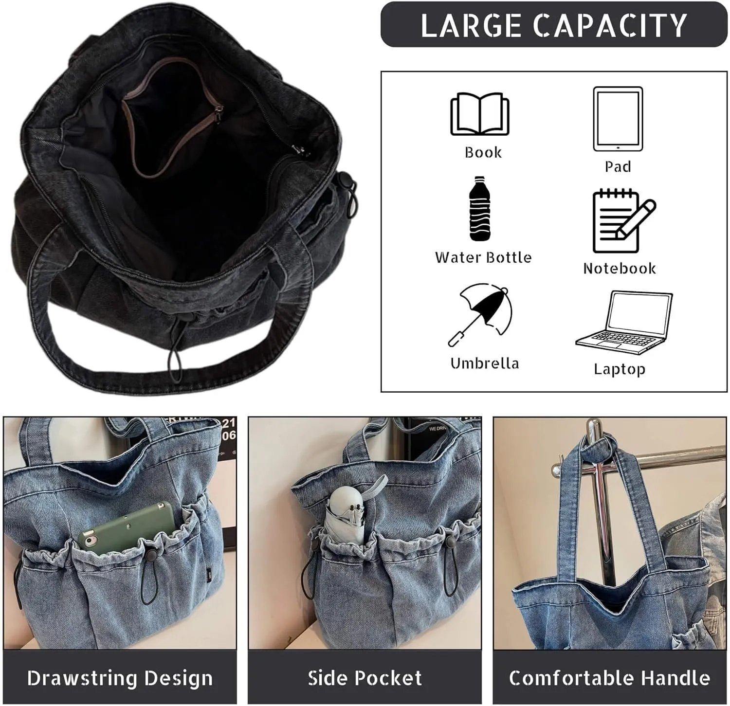 Women's Denim Shoulder Bag with Drawstring, Multi-Pockets Lightweight Hobo Purse for Daily Use Travel Shopping