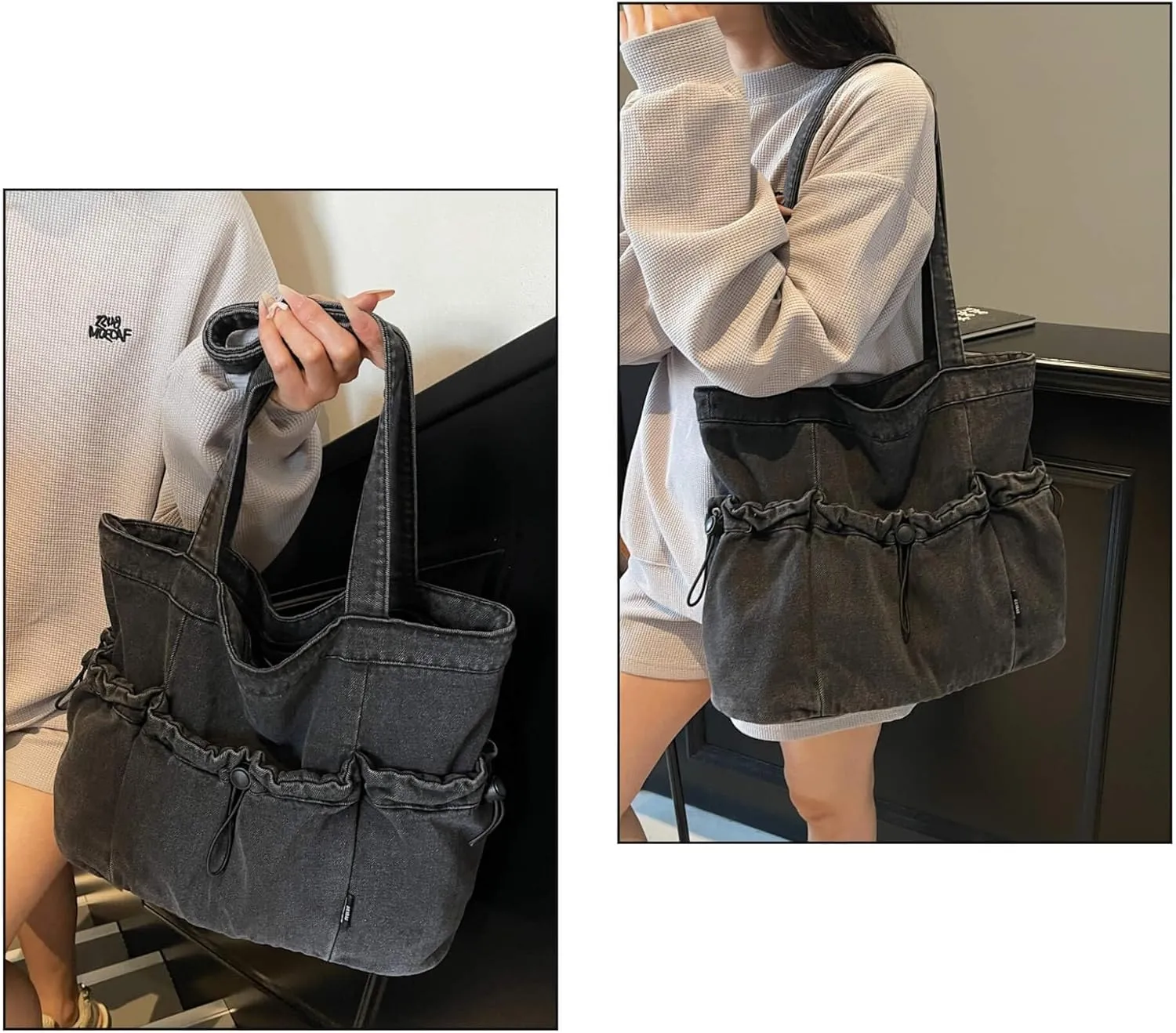 Women's Denim Shoulder Bag with Drawstring, Multi-Pockets Lightweight Hobo Purse for Daily Use Travel Shopping