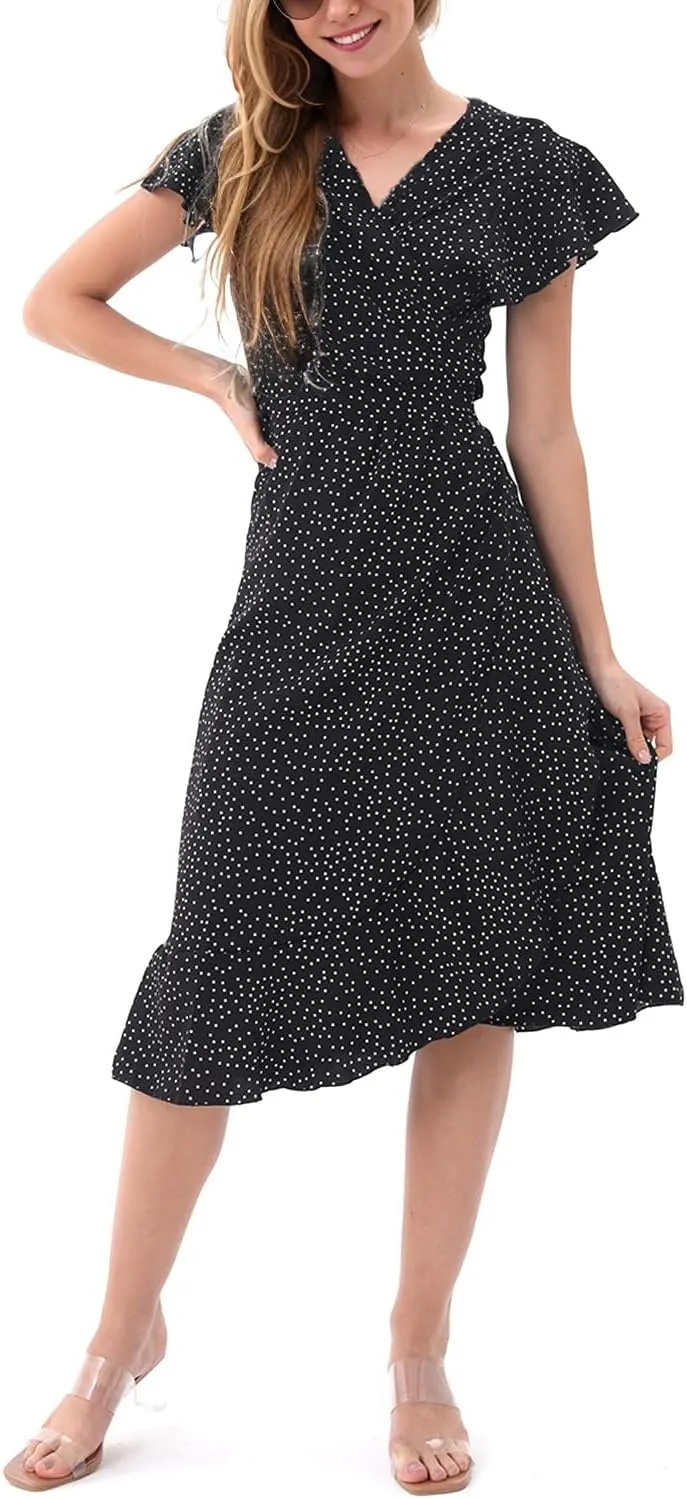 Women's Dress Summer Bohemian Floral V-Neck Ruffled Brimmed Hat Lower Short Sleeved Pleated Hem Sun Skirt Daily Casual Wear