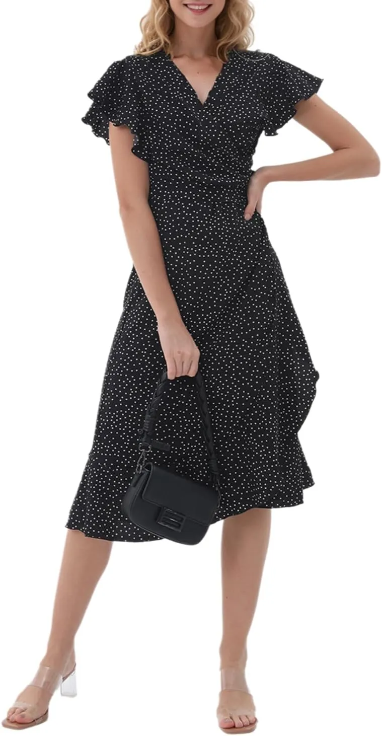 Women's Dress Summer Bohemian Floral V-Neck Ruffled Brimmed Hat Lower Short Sleeved Pleated Hem Sun Skirt Daily Casual Wear