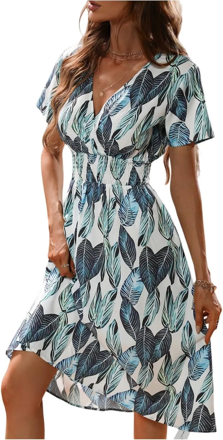 Womens Dresses 2025 Boho Floral V Neck Short Sleeve Smocked Elastic Waist Casual A-Line Swing Mini Dress Sundress