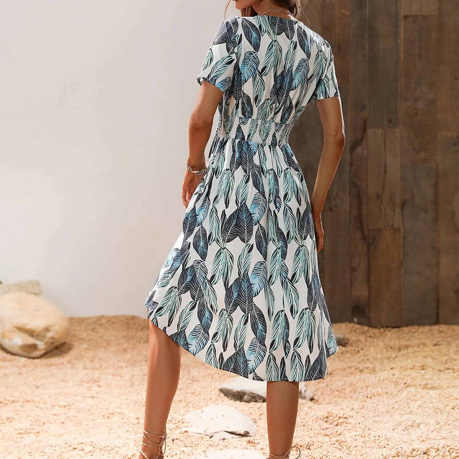 Womens Dresses 2025 Boho Floral V Neck Short Sleeve Smocked Elastic Waist Casual A-Line Swing Mini Dress Sundress