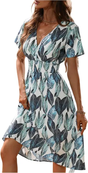 Womens Dresses 2025 Boho Floral V Neck Short Sleeve Smocked Elastic Waist Casual A-Line Swing Mini Dress Sundress