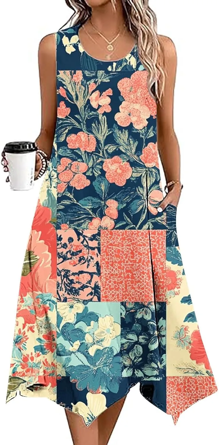 Womens Dresses Fashion Sleeveless Empire Waist Dress with Pockets Sundresses Ruffle Flowy a-Line Beach Mini Dress
