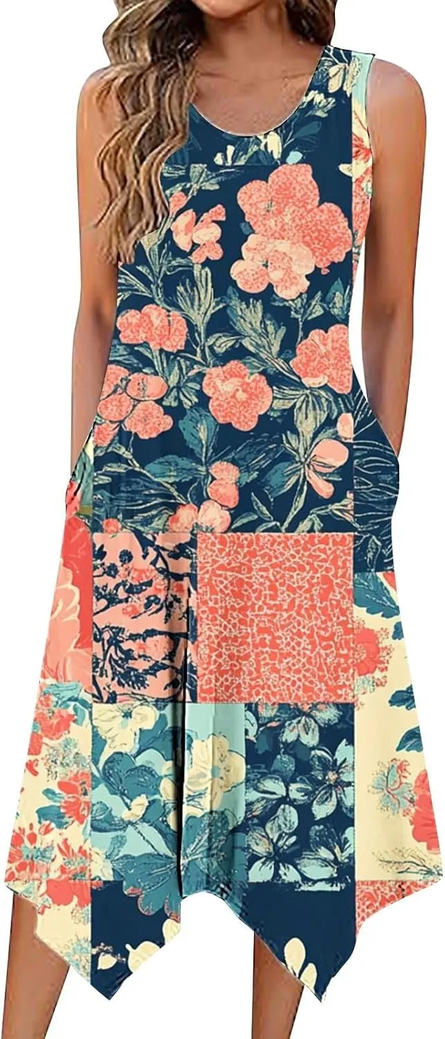 Womens Dresses Fashion Sleeveless Empire Waist Dress with Pockets Sundresses Ruffle Flowy a-Line Beach Mini Dress