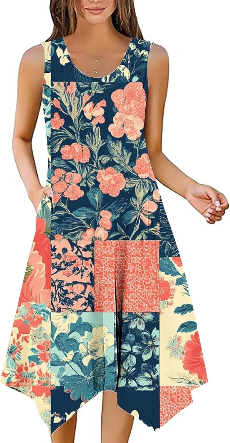 Womens Dresses Fashion Sleeveless Empire Waist Dress with Pockets Sundresses Ruffle Flowy a-Line Beach Mini Dress